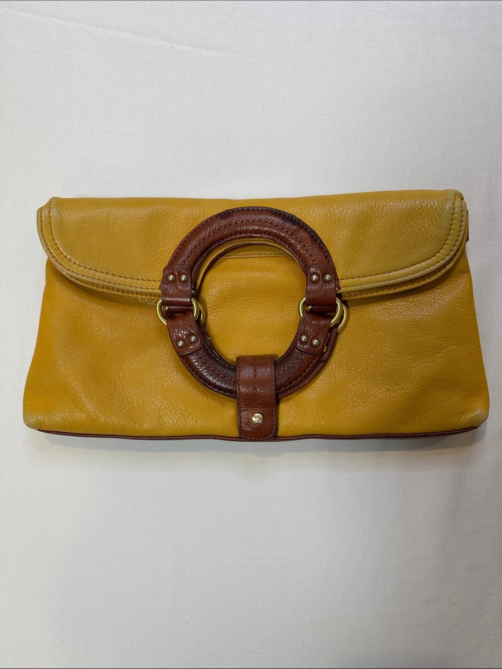 Liz Claiborne Vintage Mustard Yellow Leather Ring Handle Foldover Clutch Bag